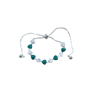 French vintage silver bracelet with green and white zircon hearts and adjustable clasp