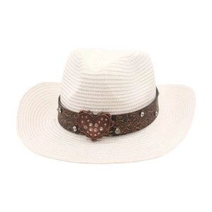 Straw cowboy sun hat with vintage brown band and crystal heart buckle on white background
