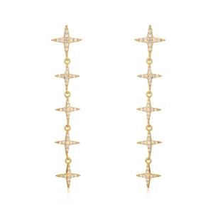 Exaggerated gold long tassel earrings with five cascading star pendants and white zircons
