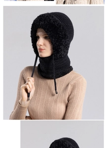 Detail of a black knit hooded scarf with plush lining and adjustable drawstrings