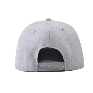 Back view of grey snapback baseball cap with American flag embroidery and adjustable strap