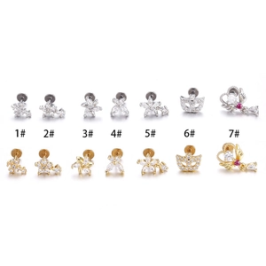 Set of 14 stainless steel labret studs with zircon stars and hearts in gold and silver
