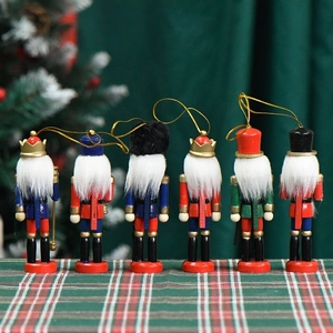 Set of 6 wooden nutcracker soldiers 13cm tall with gold strings for Christmas tree decor