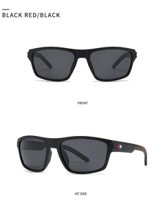 Vues de face et de côté de lunettes de soleil sportives noir mat avec détails rouges
