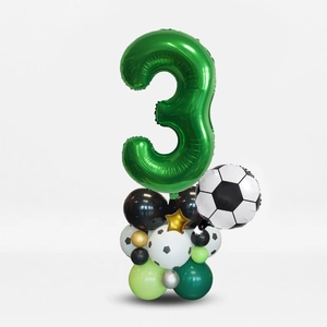Soccer theme party balloon set with green number 3 and soccer foil balloon centerpiece