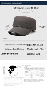 Detailed size chart for the flat top cap including dimensions and head circumference guide