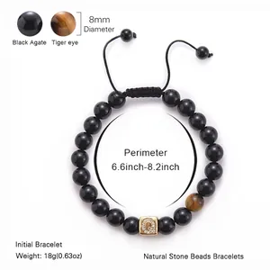 Adjustable tiger eye and black agate beaded bracelet with cubic zirconia letter Q charm