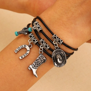 Layered leather western cowboy bracelet with lucky horseshoe and cactus metal charms
