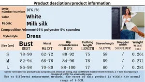Detailed chart showing size dimensions and fabric specs for white cut-out mini dress