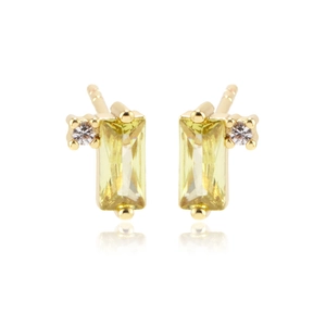 Golden stud earrings featuring rectangular yellow zircon and round clear crystal gems