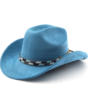 Western Cowboy Hat Faux Suede Wide Brim Beaded Band Ethnic Style Bohemian Vintage Sun Protection For Men Women