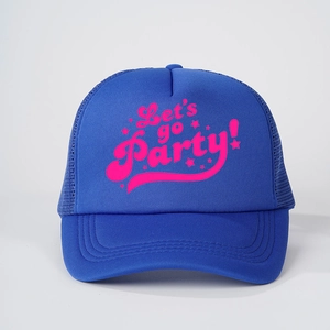 Blue trucker hat with pink Let's go Party text and breathable mesh back for outdoor wear