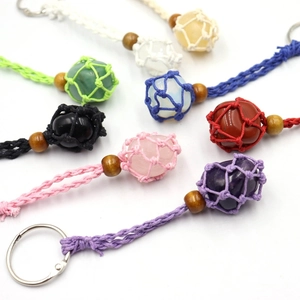 Handmade woven mesh keychain with adjustable crystal stone net bag and wooden beads