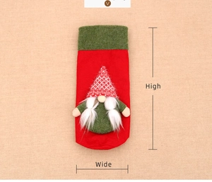 Detailed size view of red Christmas gnome wine bottle cover with measurements