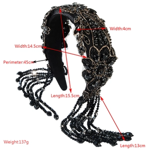 Baroque style black beaded headband with crystal tassels and intricate floral beadwork