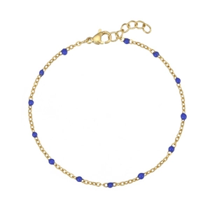 Detail of gold chain bracelet with blue beads featuring a lobster clasp and extension