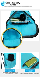 Detail view of sky blue travel backpack showing large main compartment and mesh side pockets