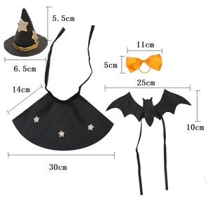 Size guide for Halloween pet wizard hat, cape, bowtie, and bat wings with dimensions