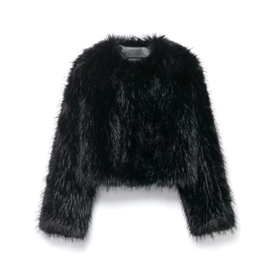 Women Faux Fur Jacket Short Coat Round Neck Long Sleeve Solid Color Elegant Casual Outerwear Black