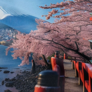 Macro detail of Mount Fuji tapestry fabric showing cherry blossoms and textile texture