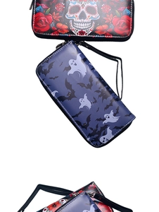 Gothic long wallets with skull, rose, and ghost patterns featuring secure wrist straps