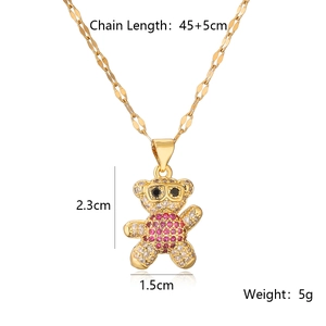 Detailed view of bear pendant with white cubic zirconia, pink gemstone, and dimensions