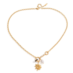 Collier en acier inoxydable plaqué or 18K avec pendentif soleil et perle d'eau douce