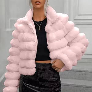 Short pink faux fur jacket for women with stylish layered texture and urban chic design
