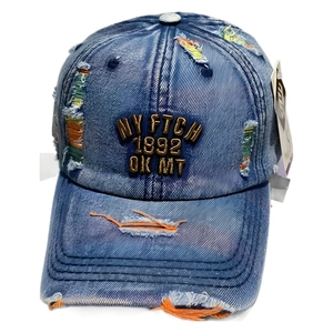 Washed denim baseball cap with distressed details and metallic embroidery on white background