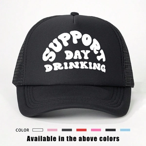 Classic black trucker hat with white Support Day Drinking text on a breathable mesh cap