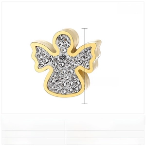 Macro detail of a 12mm gold-plated stainless steel angel pendant with white rhinestones