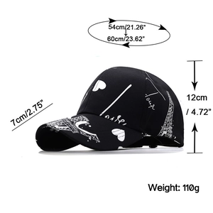 Black baseball cap with white Paris prints and Eiffel Tower pattern on breathable fabric