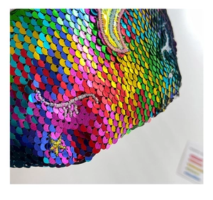 Detailed view of colorful iridescent sequins and fine embroidery on girl's waist bag