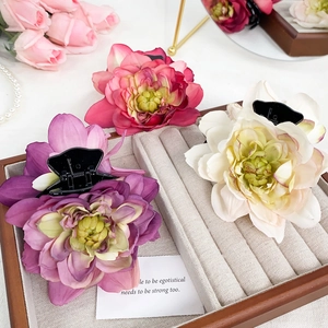 Elegant 3D rose flower hair claw clips in pink, purple and white for women's hair styling