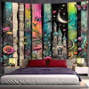 Detailed view of fantasy Christmas tapestry with castle and crescent moon above headboard