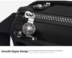 Detail view of the smooth black nylon zipper with durable silver metal slider and puller
