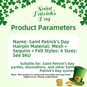 Detailed specs of St. Patrick's Day clover hair clips set with green sequin material