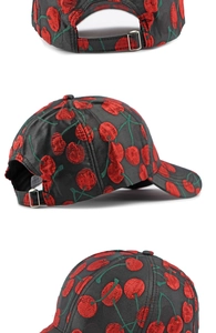Detail view of black cherry jacquard baseball cap showing metal buckle and 6-panel crown
