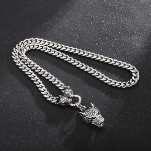 Silver wolf head punk bracelet with heavy stainless steel Cuban chain and ring clasp