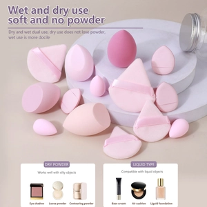 14-piece pink makeup sponge set featuring teardrop and slanted shapes on display