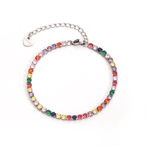 Polished stainless steel bracelet with multi-color zircon stones on white background