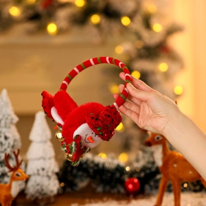 Detailed view of red plush Christmas earmuffs featuring a 3D snowman and festive bell