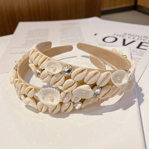 Baroque wide headband with natural shells, pearls and crystals on beige fabric base