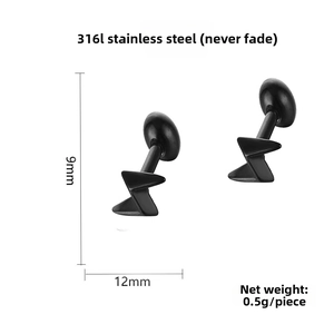 Detail view of 316L stainless steel black lightning bolt earrings showing 9mm by 12mm size