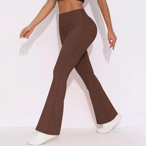 Deep brown high-waisted flare yoga pants showing supportive waistband and elastic fit