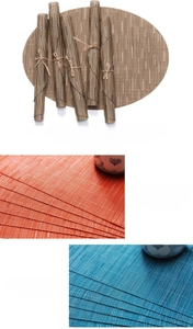 Close-up of woven PVC placemat featuring durable edge lock and textured bamboo pattern