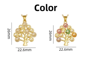 Detail of life tree pendants with dimensions 26mm by 22.6mm in gold with cubic zirconia