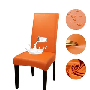 Waterproof orange PU leather chair cover showing high elasticity and anti-scratch details