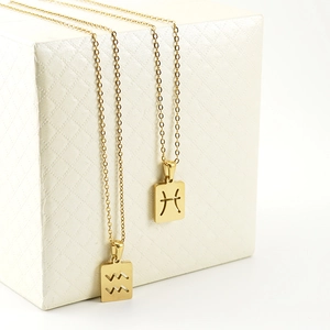 Square 18K gold plated stainless steel necklaces featuring Aquarius and Pisces zodiac signs