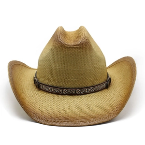 Men Western Cowboy Straw Hat Wide Brim Sun Protection Ethnic Band Panama Summer Beach Travel Breathable Paper Woven